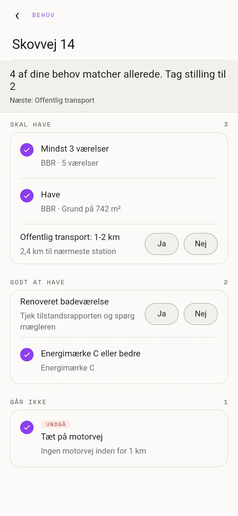 BoligKlars Behov-fane for Skovvej 14: 4 af dine behov matcher allerede, 2 venter på dit svar