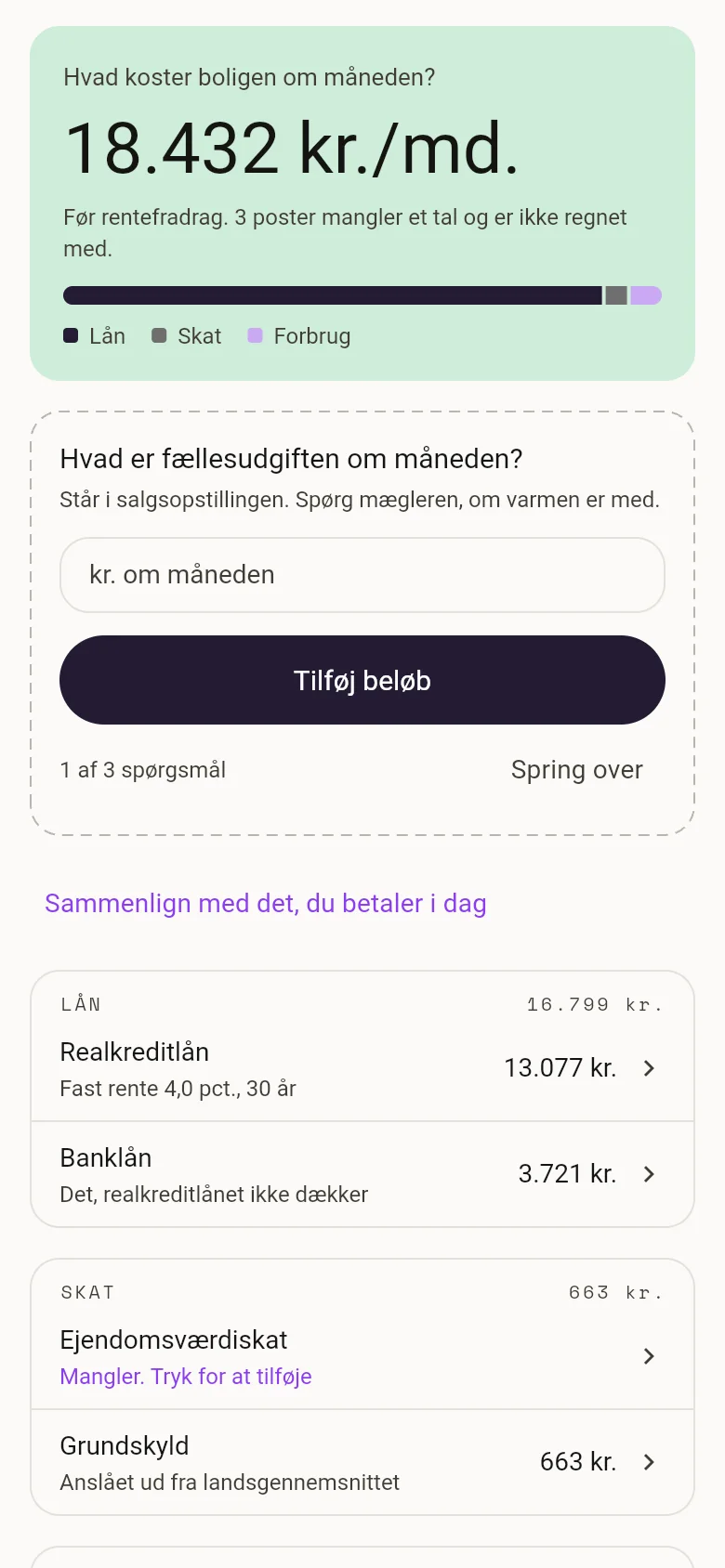 BoligKlars Økonomi-fane: hvad boligen koster om måneden, med lån, skat og forbrug